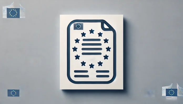 DALL·E 2025-02-12 16.07.01 - A minimalist 16_9 illustration representing European directives. The image features a simple, stylized legal document with a small circle of European